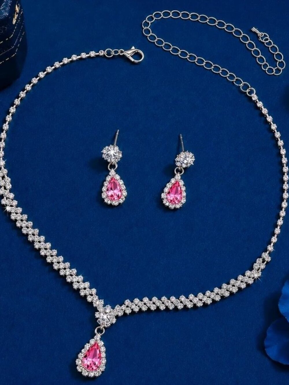 Silver Necklace and Earring Set with Pink Teardrop Crystal